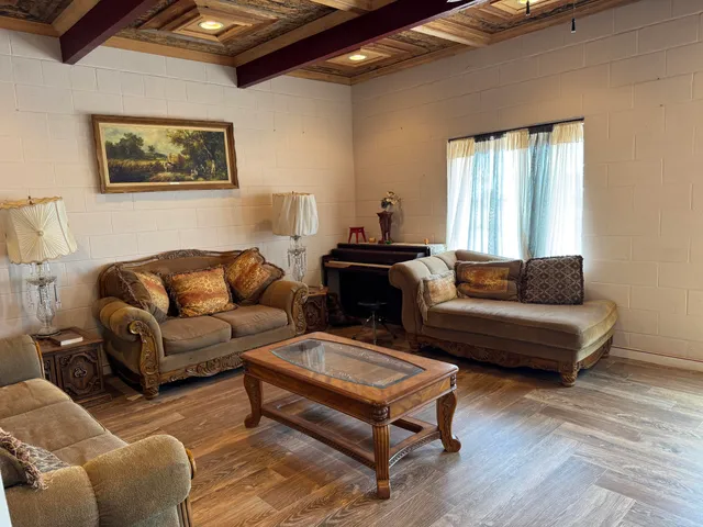 a living room with furniture a rug and a window