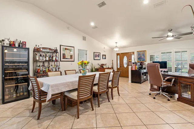 a view of a dining room with furniture