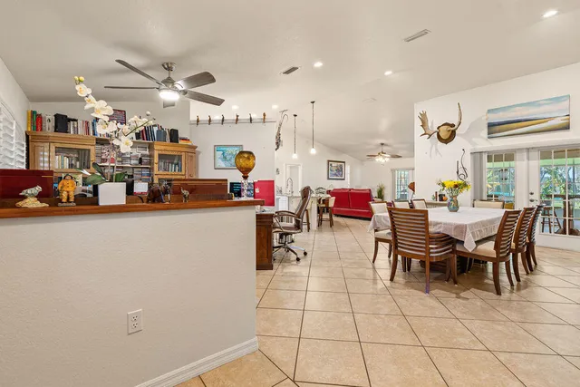 a view of a dining room with furniture