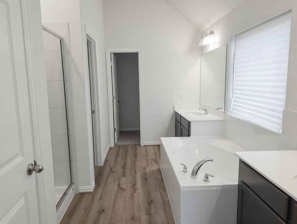 4105 Gildas Path Pflugerville, TX 78660 - Photo 8 of 15 Luxurious soaking tub and dual vanity await in this pristine bathroom.