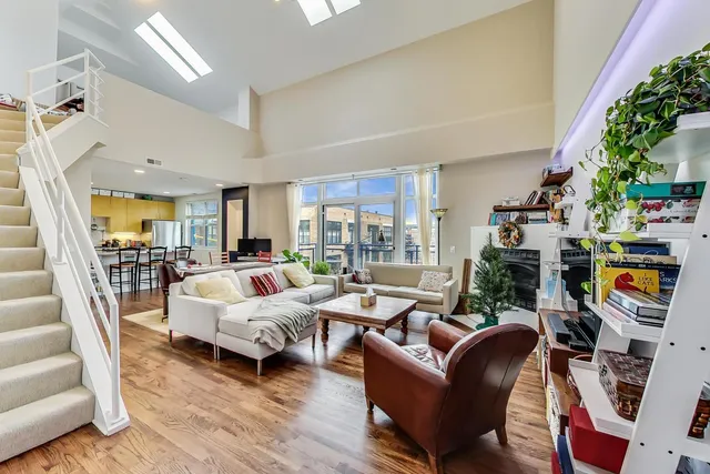 a living room with furniture and a potted plant