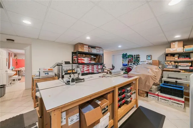 a view of a storage room with racks