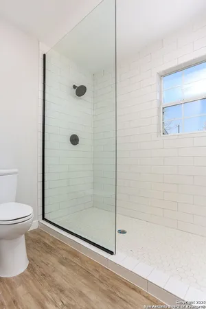 a bathroom with a shower and a toilet