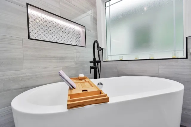 a bathroom with a bathtub