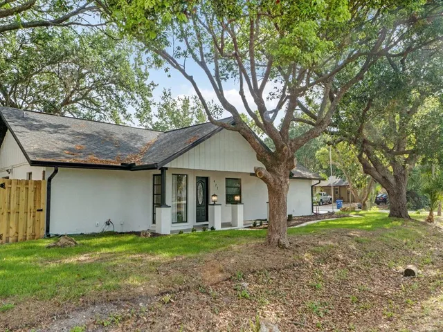 a backyard of a house with plants and large tree