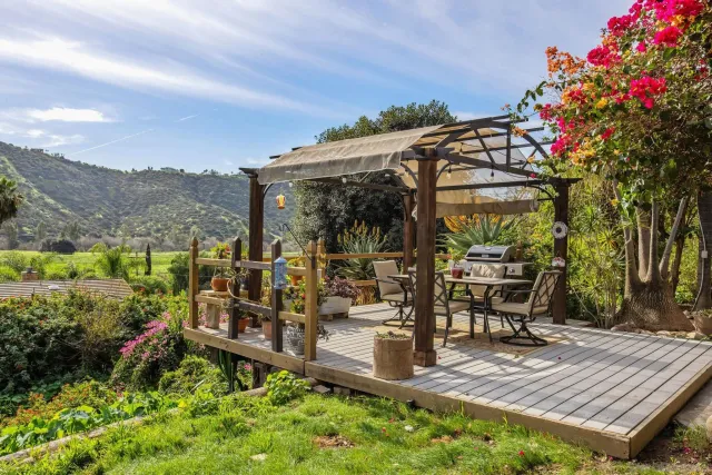 a view of a garden with a flower garden