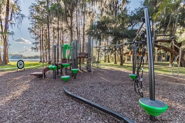 a view of a park with large trees