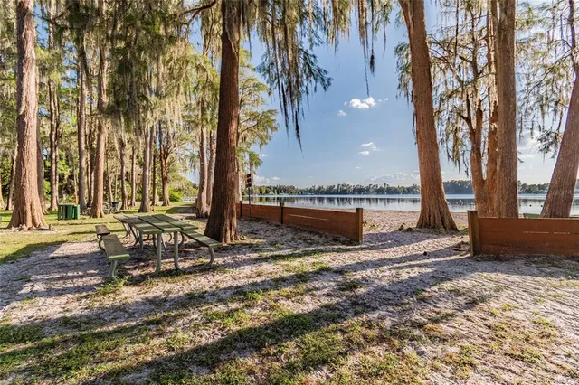 a view of a lake with a big yard and large trees