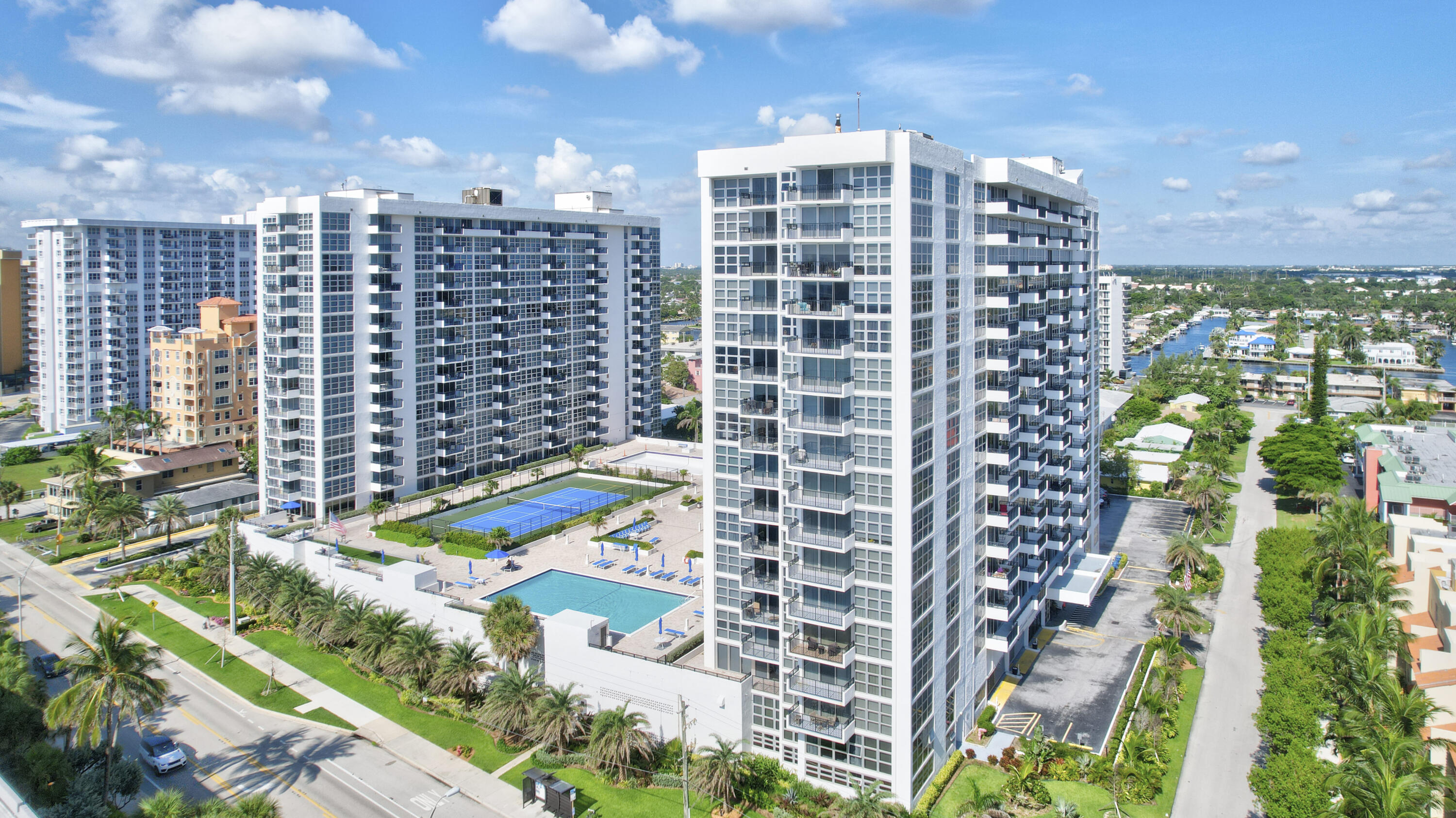 a view of a city with tall buildings