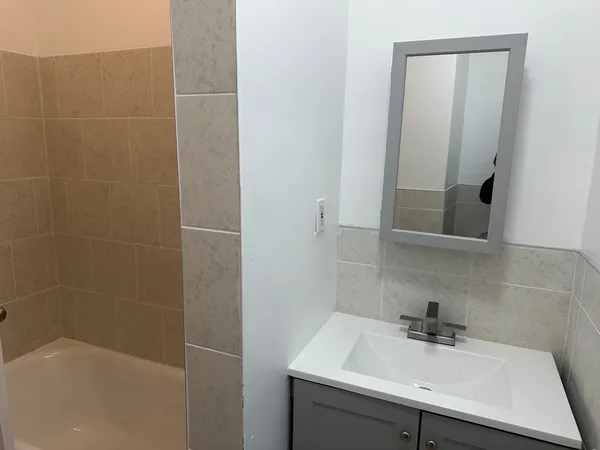 a bathroom with a sink and a mirror
