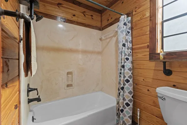 a bathroom with a shower and a toilet