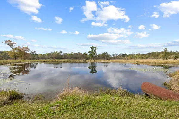 a view of a lake with houses in the back
