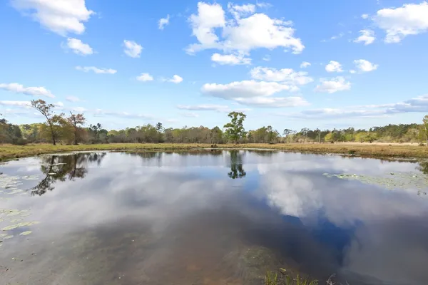 a view of a lake with houses in the back