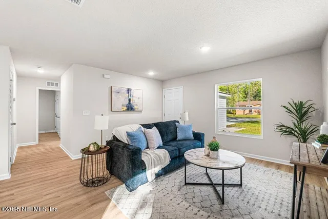 a living room with furniture and a potted plant