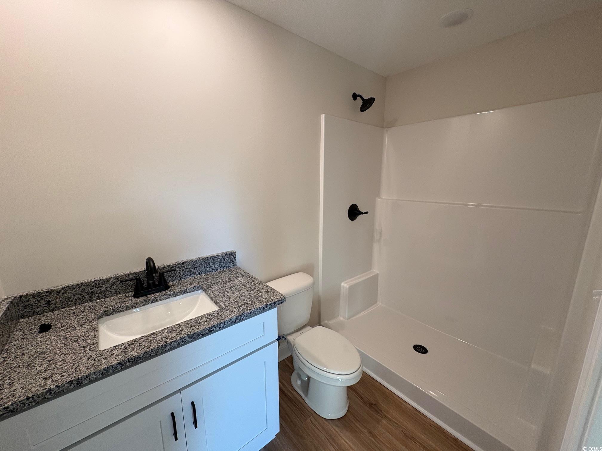 1721 Southern Crest Drive Loris, SC 29569 - Photo 4 of 16 Full bathroom featuring vanity, dark wood-style flooring, and a stall shower