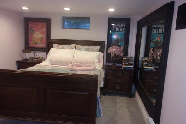 a bed room with a bed and a potted plant