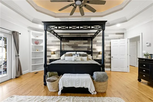 a view of a balcony with wooden floor