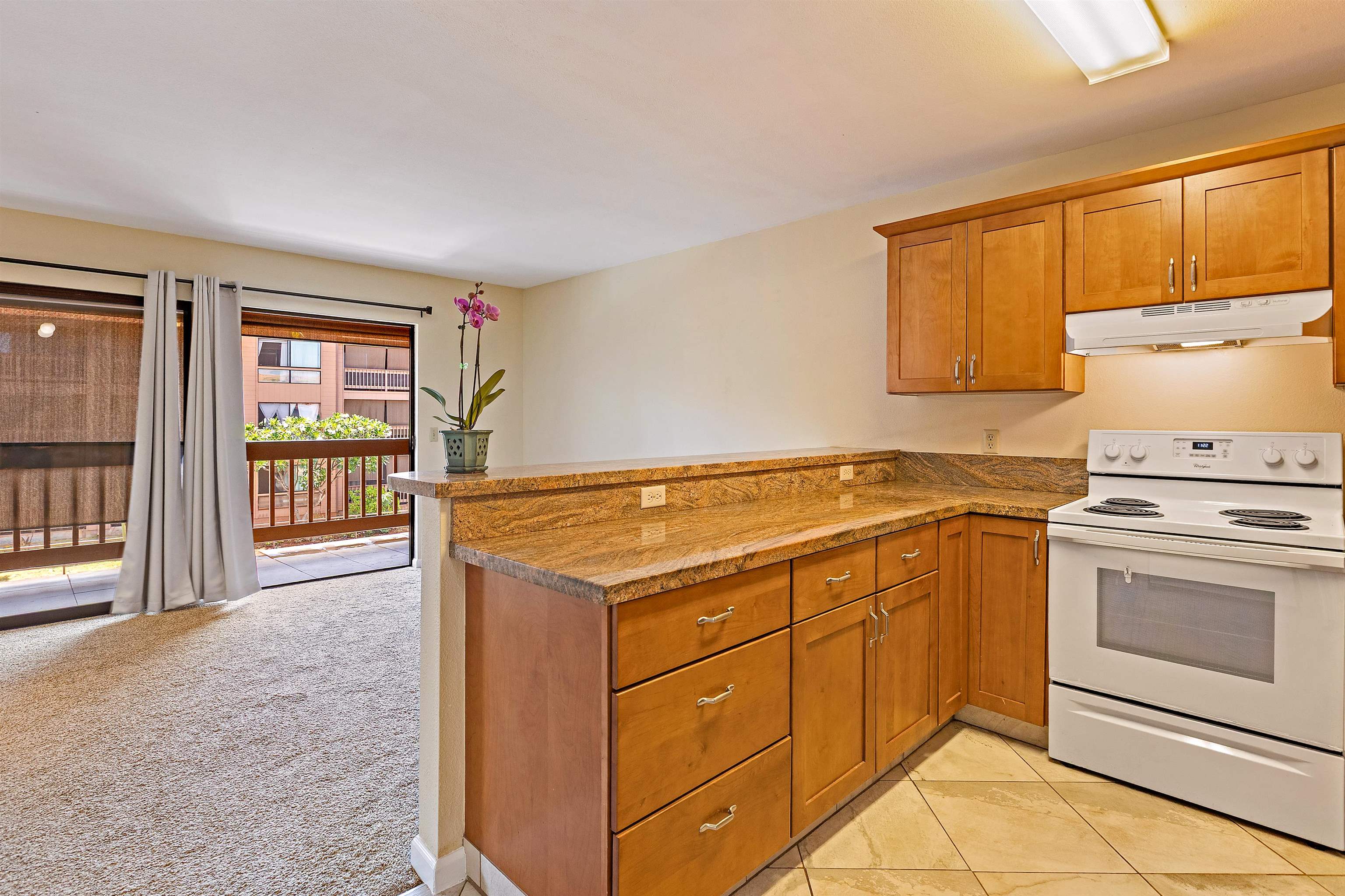 3740 Lower Honoapiilani Road, Unit D305 Lahaina, HI 96761 - Photo 21 of 32 a kitchen with granite countertop cabinets stainless steel appliances and a window