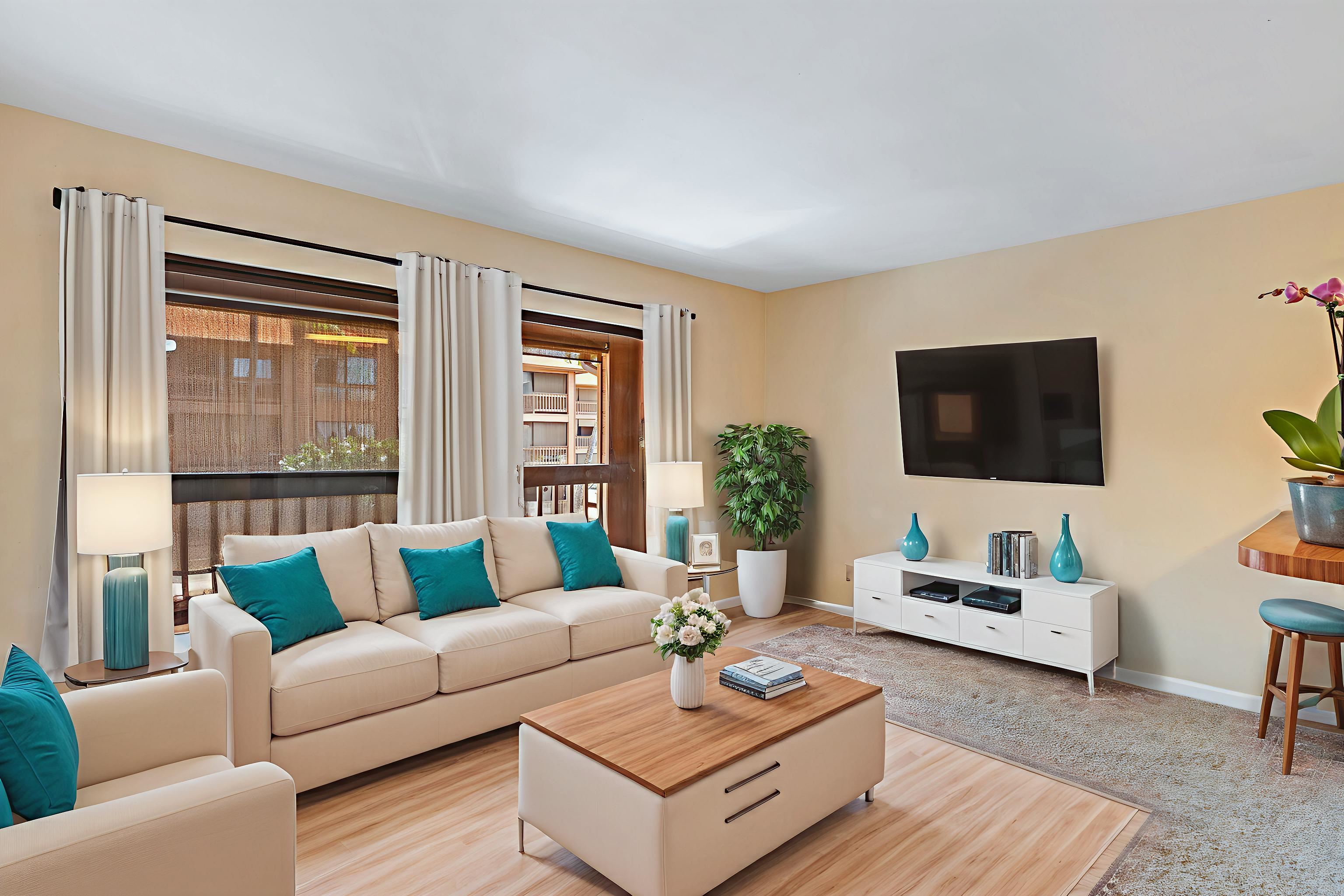 3740 Lower Honoapiilani Road, Unit D305 Lahaina, HI 96761 - Photo 26 of 32 a living room with furniture a flat screen tv and a large window