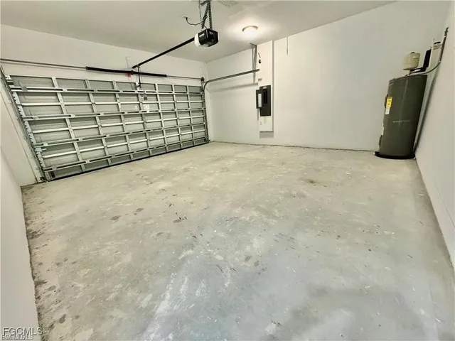 a view of a garage with storage