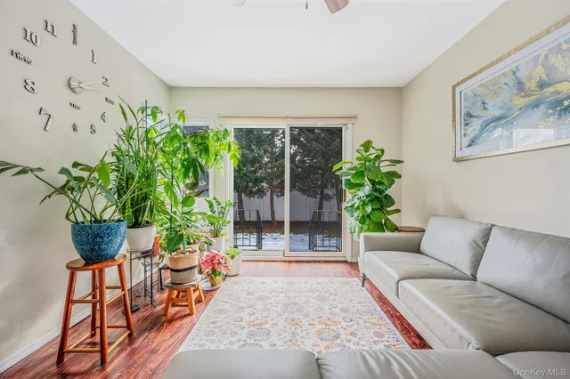 a living room with furniture and a potted plant