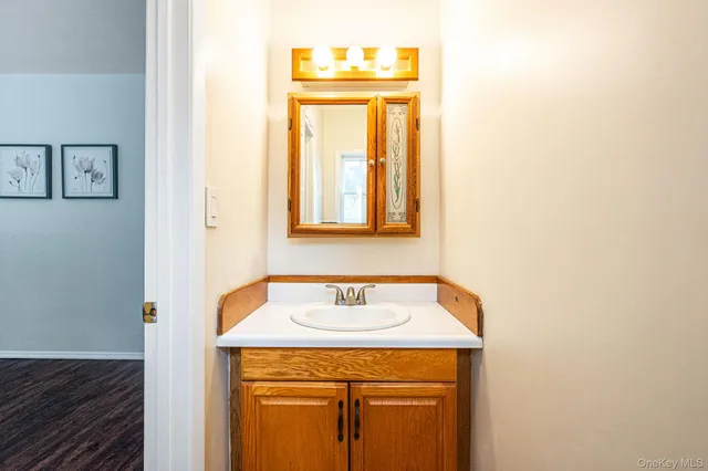 a bathroom with a sink and a mirror