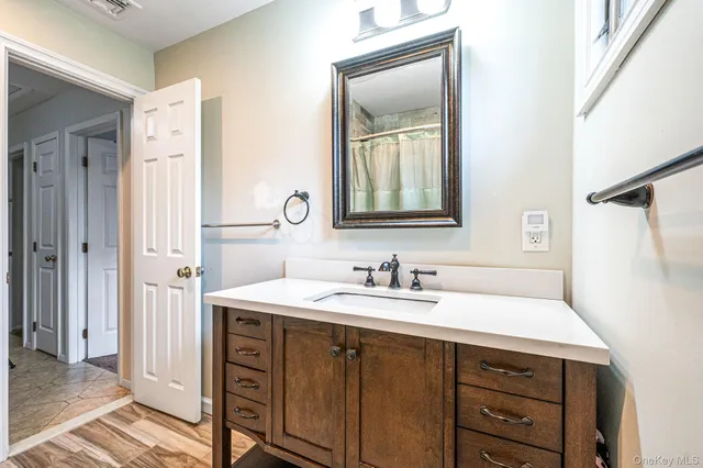 a bathroom with a sink vanity and a mirror