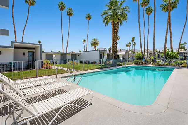 a view of a swimming pool with a chair and palm trees