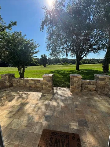 a view of a park with lawn chairs and a large tree