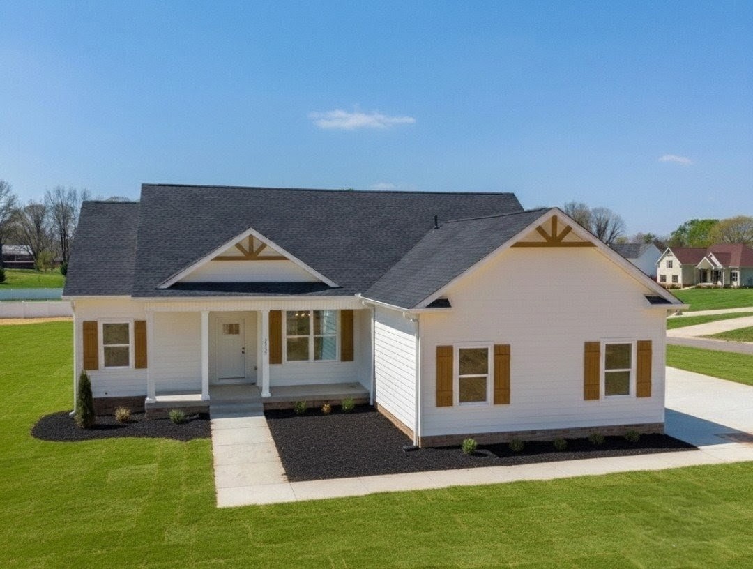 a aerial view of a house with yard porch and furniture