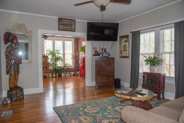 an aerial view of a residential houses with outdoor space and trees