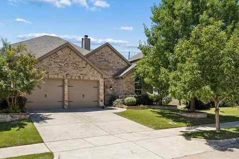 a view of a house with a yard potted plants and large tree