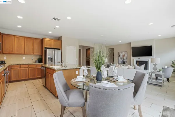 a view of a dining room with furniture