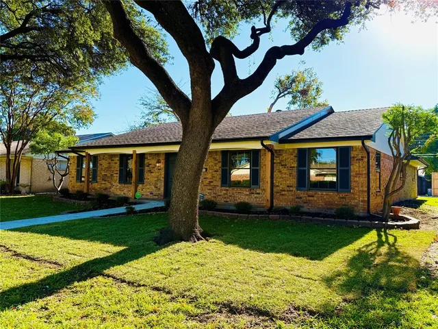 a view of a yard in front of a house with plants and large tree