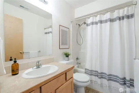 a bathroom with a sink a toilet and shower curtain