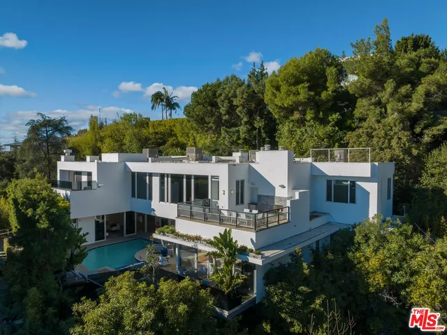 an aerial view of a house with a yard potted plants and large tree