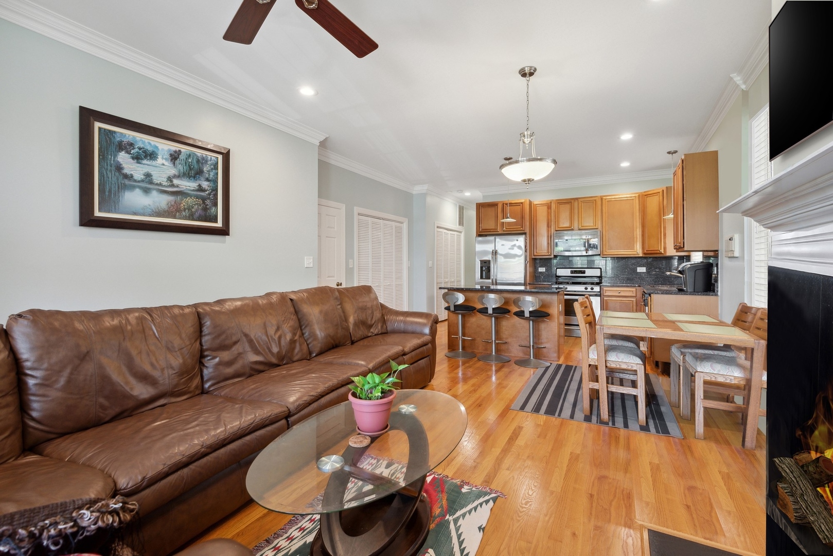 4417 South Calumet Avenue, Unit 2S Chicago, IL 60653 - Photo 4 of 16 a living room with furniture a flat screen tv and kitchen view