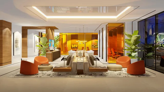 a room with furniture and a large window