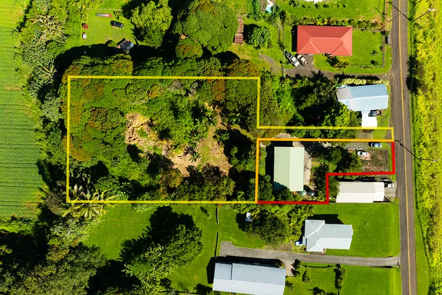 an aerial view of a houses with a garden