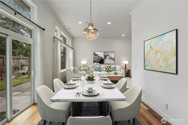 a view of a dining room with furniture wooden floor and a chandelier