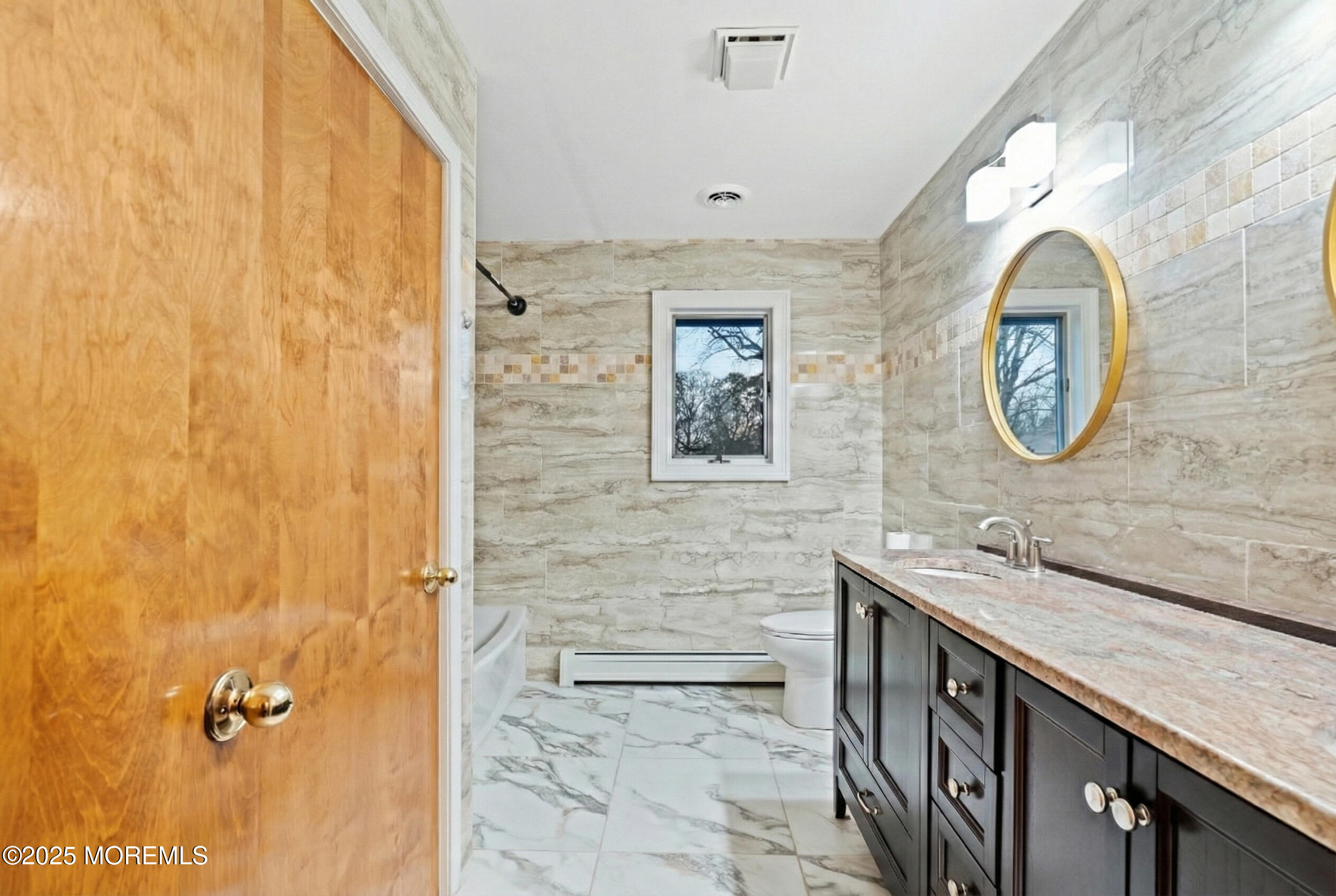2003 Teakwood Road Toms River, NJ 08753 - Photo 29 of 47 a bathroom with a granite countertop sink a mirror and a shower