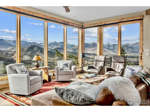 a living room with furniture and large windows