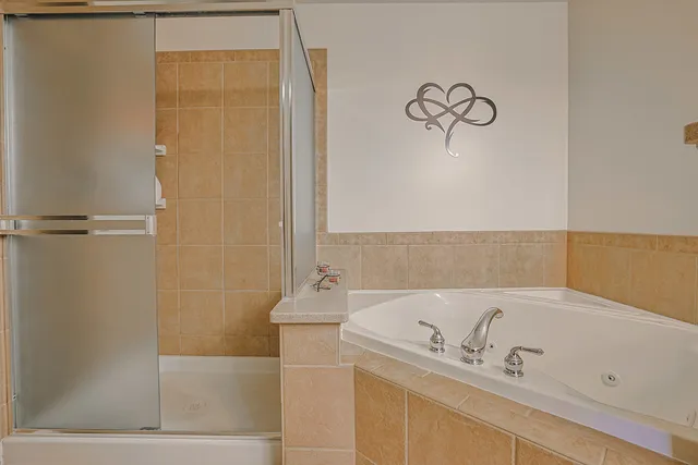 a bathroom with a bathtub and a shower