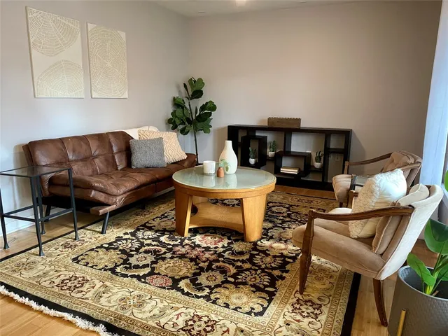 a living room with furniture and a rug