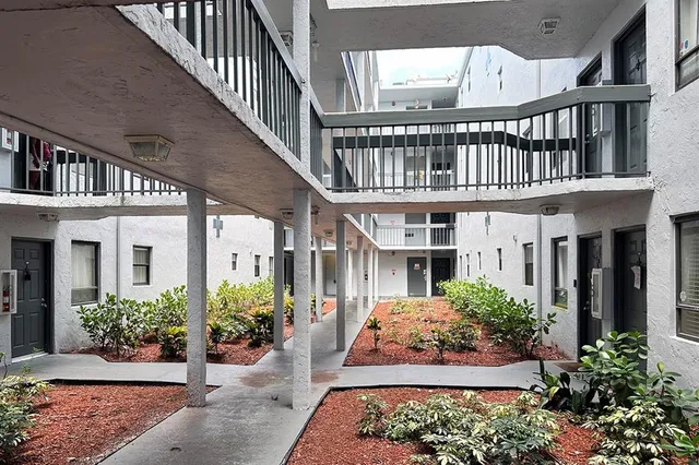 a view of a balcony from a window
