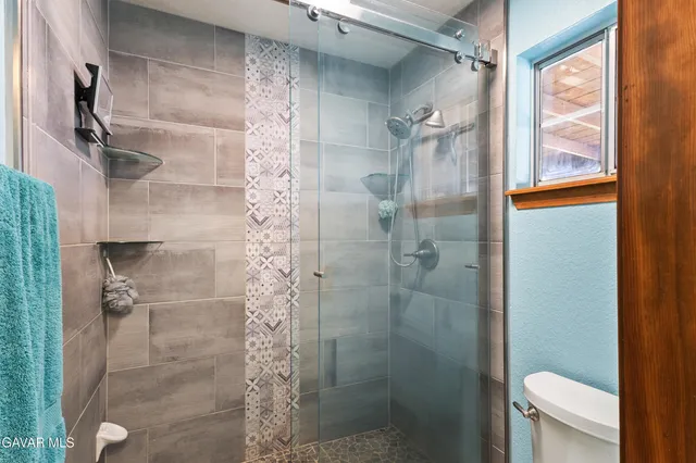 a bathroom with a shower and a toilet