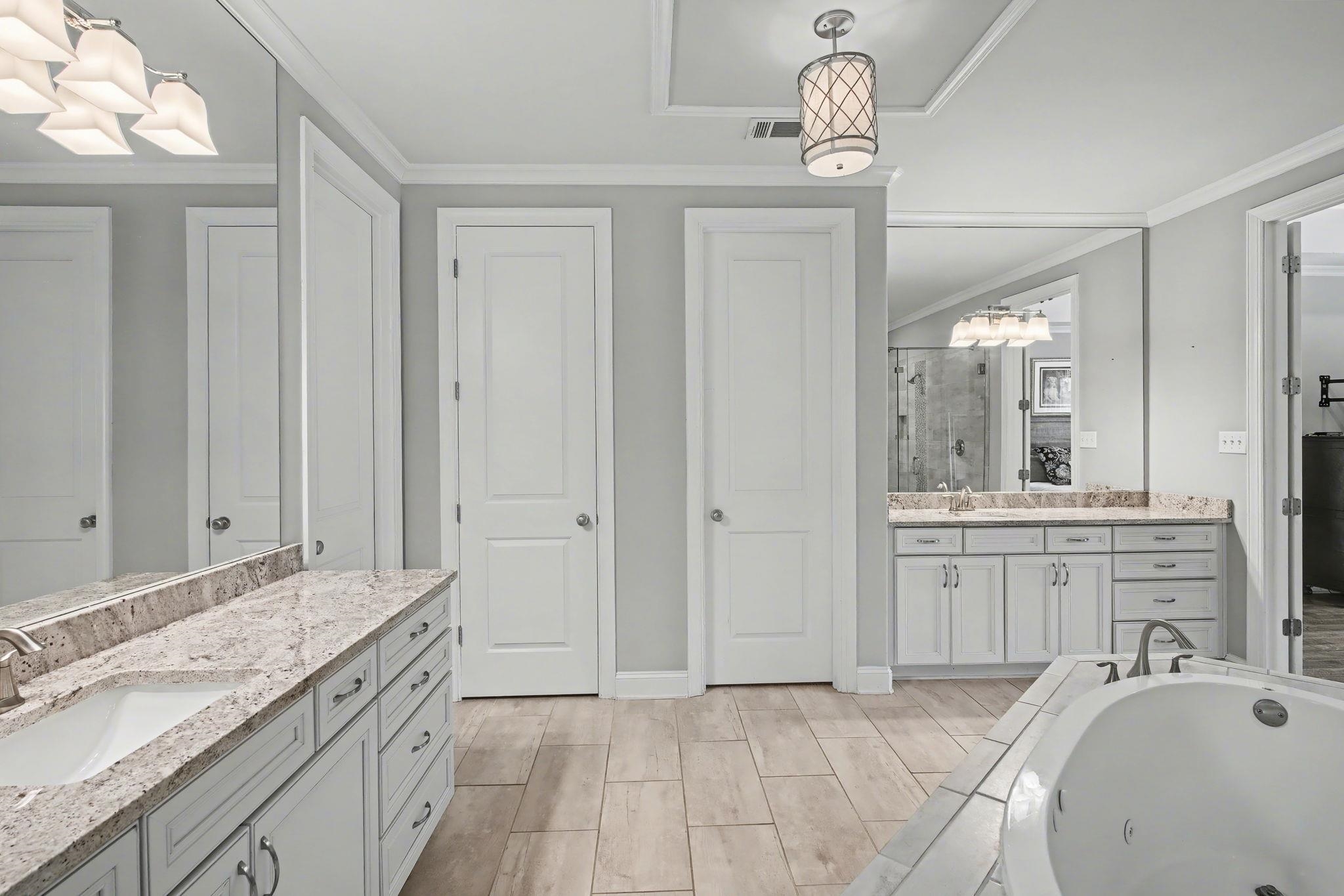 477 Fallen Timbers Cove Collierville, TN 38017 - Photo 20 of 40 a spacious bathroom with a granite countertop sink a mirror and a bathtub
