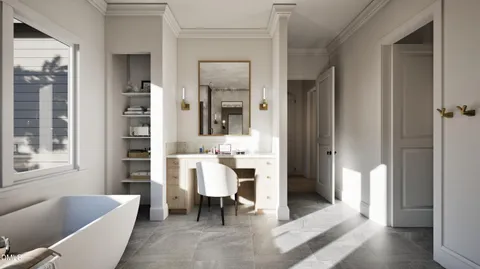 a spacious bathroom with a granite countertop tub sink and mirror
