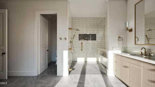 a spacious bathroom with 2 sink tub and a mirror