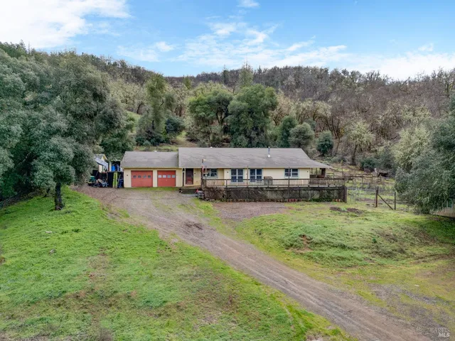 an aerial view of a yard with a tree